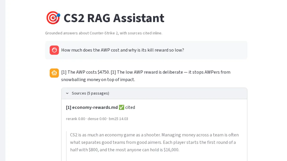 The assistant's chat UI with a cited answer about the AWP and its source passages
