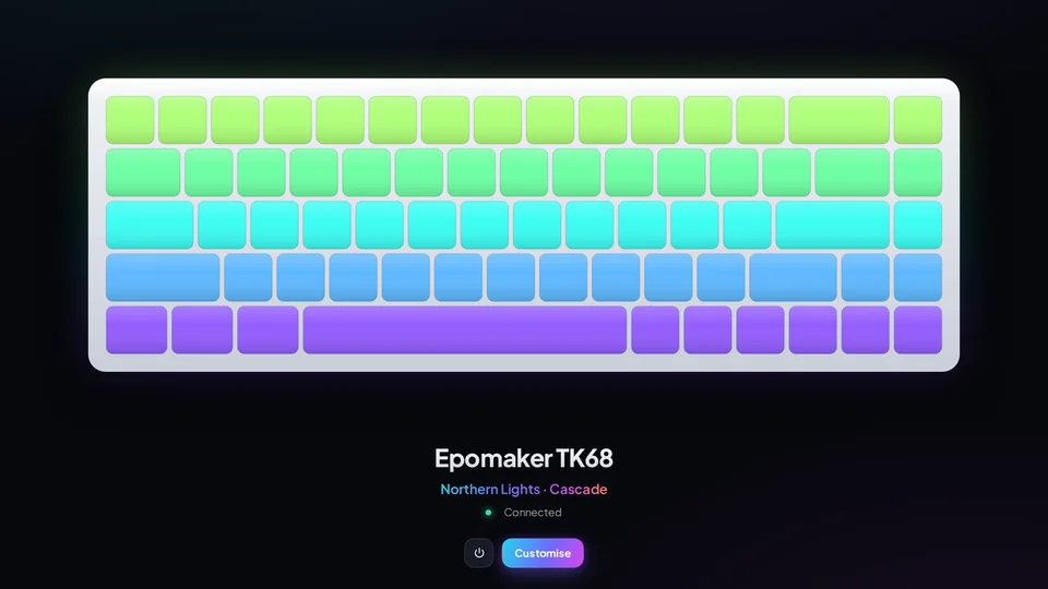 Keylume's home screen with an Epomaker TK68 drawn in the colours it is lit with